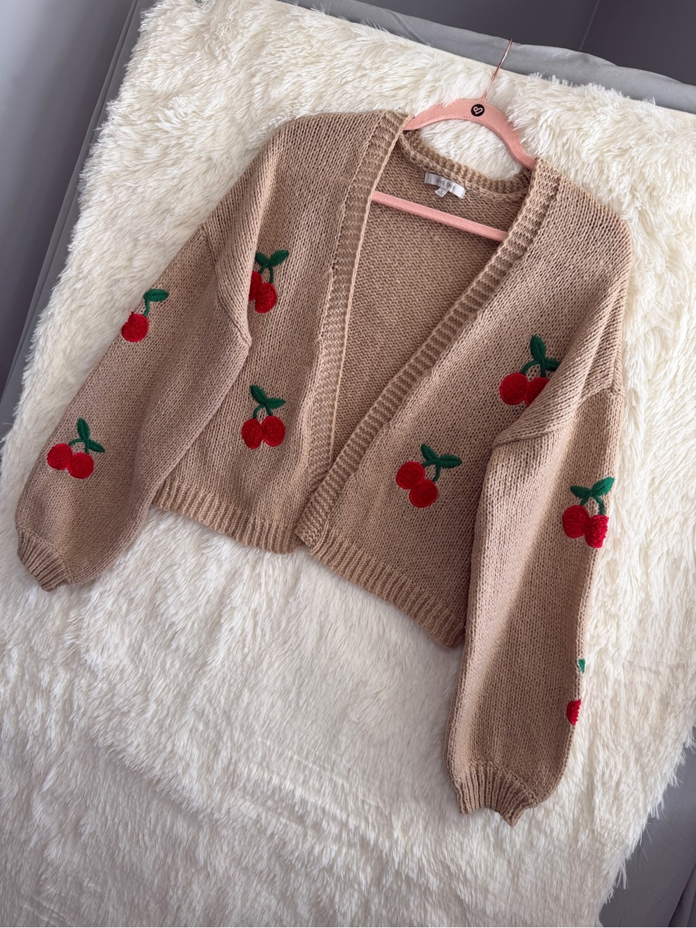 Love Tree Womens Embroidered Cherry Chunky Knit Crop Cardigan L Tan Cottagecore